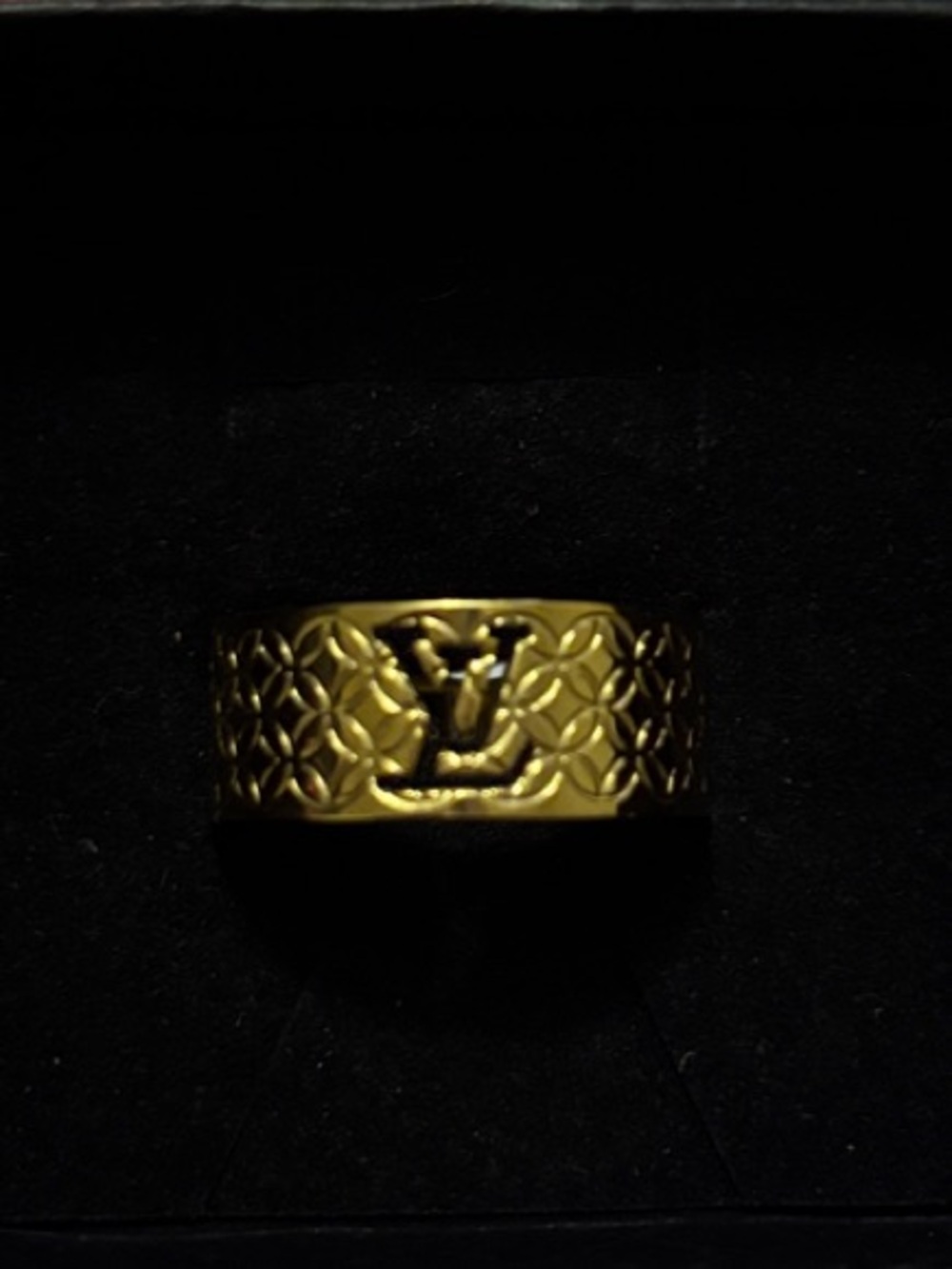 LV Laser Cut Logo Gold Tonal Monogram Men’s Signet Ring